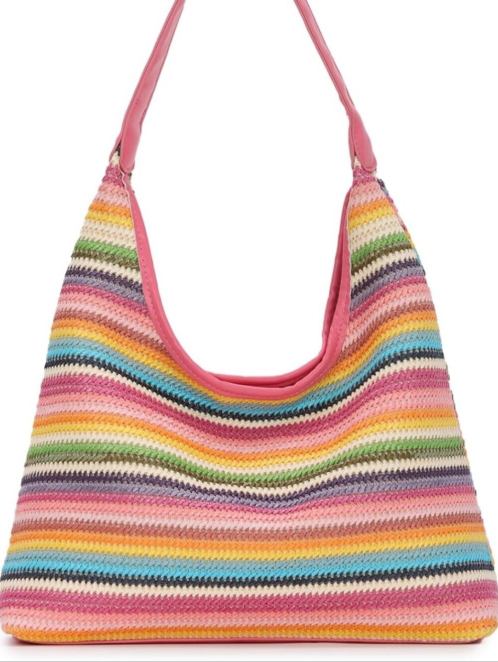 Striped Multicolor Crochet Shoulder Bag - Pink Trim